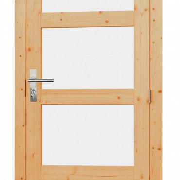 Vuren enkele 4-ruits glasdeur inclusief kozijn, linksdraaiend. 90 x 201 cm, onbehandeld.