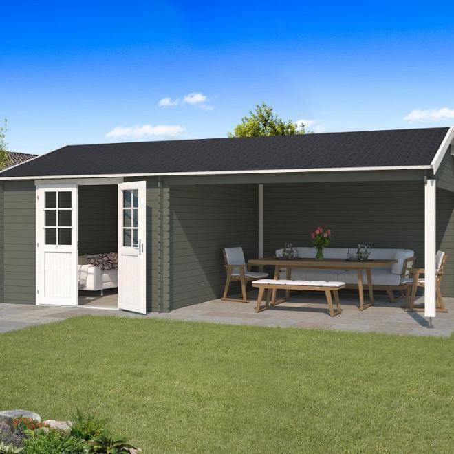 Onze Outdoor Life Overkappingen en Blokhutten worden geleverd exclusief dakbedekking, vloer en Funda