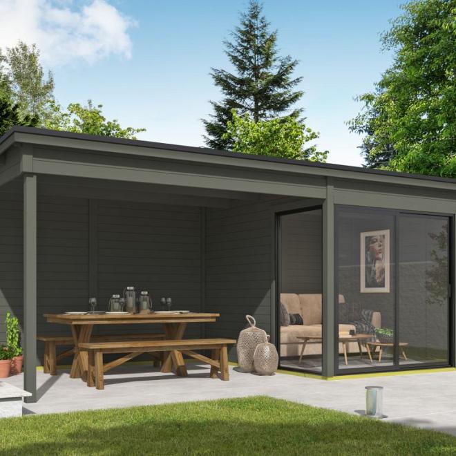 Onze Outdoor Life Overkappingen en Blokhutten worden geleverd exclusief dakbedekking, vloer en Funda