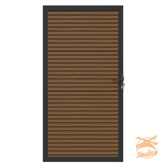 NewTechWood Co-Extrusie Composiet Deur In Aluminium frame, Horizontaal Triple, 100x195cm. Teak/Zwart