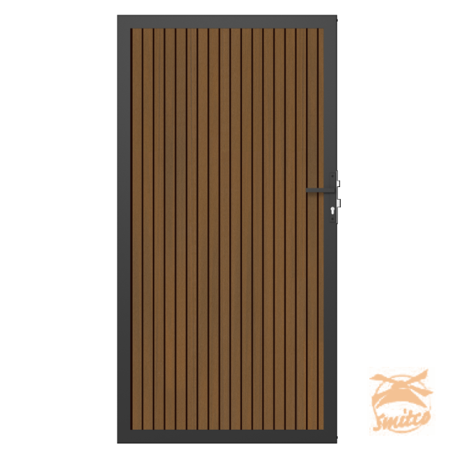NewTechWood Co-Extrusie Composiet Deur In Aluminium Frame, Verticaal Triple, 100x195cm. Teak/Zwart