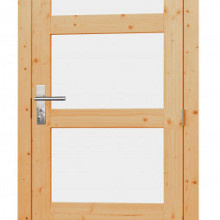 Vuren enkele 4-ruits glasdeur inclusief kozijn, rechtsdraaiend. 90 x 201 cm, onbehandeld.