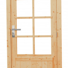 Vuren enkele 8-ruits deur inclusief kozijn, rechtsdraaiend. 91 x 201 cm, onbehandeld.