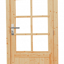 Vuren enkele 8-ruits deur inclusief kozijn, linksdraaiend. 91 x 201 cm, onbehandeld.