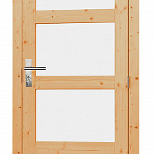 Vuren enkele 4-ruits glasdeur inclusief kozijn, linksdraaiend. 90 x 201 cm, onbehandeld.